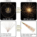 2 Pack Solar Starburst Sphere Lights,200 LED Firework Light 8 Modes Dimmable Waterproof Hanging Fairy Light, Copper Wire Lights for Tents Patio Parties Christmas-NO Remote (Warm White)