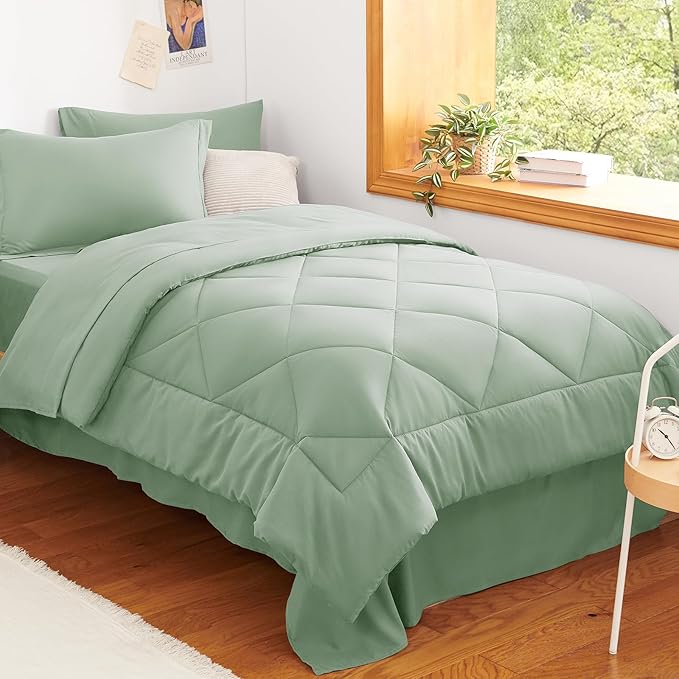CozyLux Twin XL Comforter Set Sage Green - 5 Pieces Twin Extra Long Bed in a Bag for College Dorm, All Season Bedding Set for Girls and Boys, Soft Bed Set with Comforter, Sheets, Pillowcase & Sham