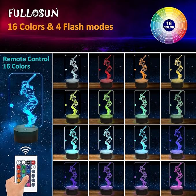 FULLOSUN Baseball 3D Night Light, Sport Gifts Bedside Lamp for Xmas Holiday Birthday Gifts for Baseball Fan with Remote Control 16 Colors Changing + 4 Changing Mode + Dim Function