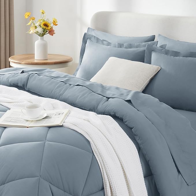 CozyLux Queen Comforter Set Dusty Blue - Bed in a Bag Queen Size 7 Pieces, Luxury Soft Bed Set for All Seasons, Bedding Set with Down Alternative Comforter, Sheets, Pillowcases & Shams, Grayish Blue