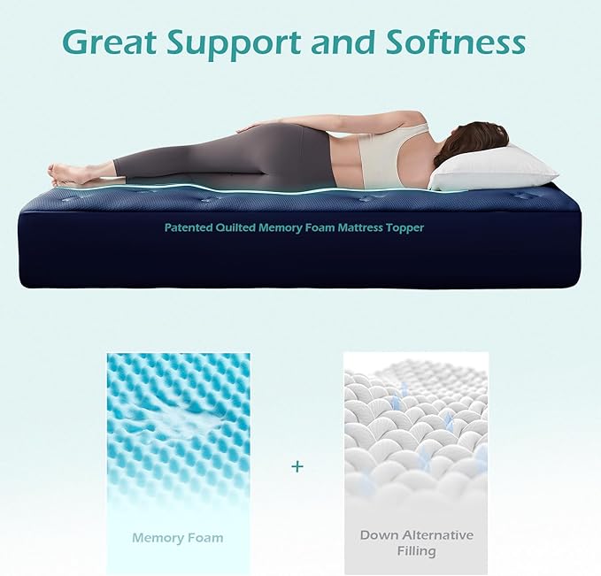 Hansleep Queen Mattress Topper Viscose Derived from Bamboo, Memory Foam Pillow Top Mattress Topper Queen with Deep Pocket, Breathable Mattress Pad for Back Pain Relief, 60" x80", Navy Blue