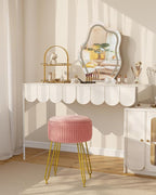 IBUYKE Velvet Storage Footrest Stool Ottoman, Makeup Vanity Stool Side Table with Golden Steel Legs Removable Cover, Coffee Table Top Cover, Pink LG-20P