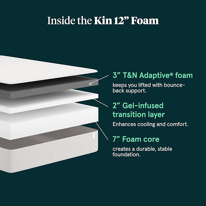Tuft & Needle Kin Medium 12" Twin Adaptive Foam Mattress in a Box, Cooling Gel, Pressure Relief, Durable Support, 100 Night Trial, Fiberglass-Free, CertiPUR-US, 10-Year Limited Warranty