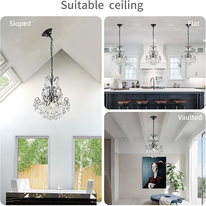 WUZUPS Crystal Chandelier 1-Light Pendant Ceiling Light Modern Lighting Fixture for Bedroom Hallway Bar Kitchen Bathroom, H 15.7" x W 13.8", E12 Base, Black