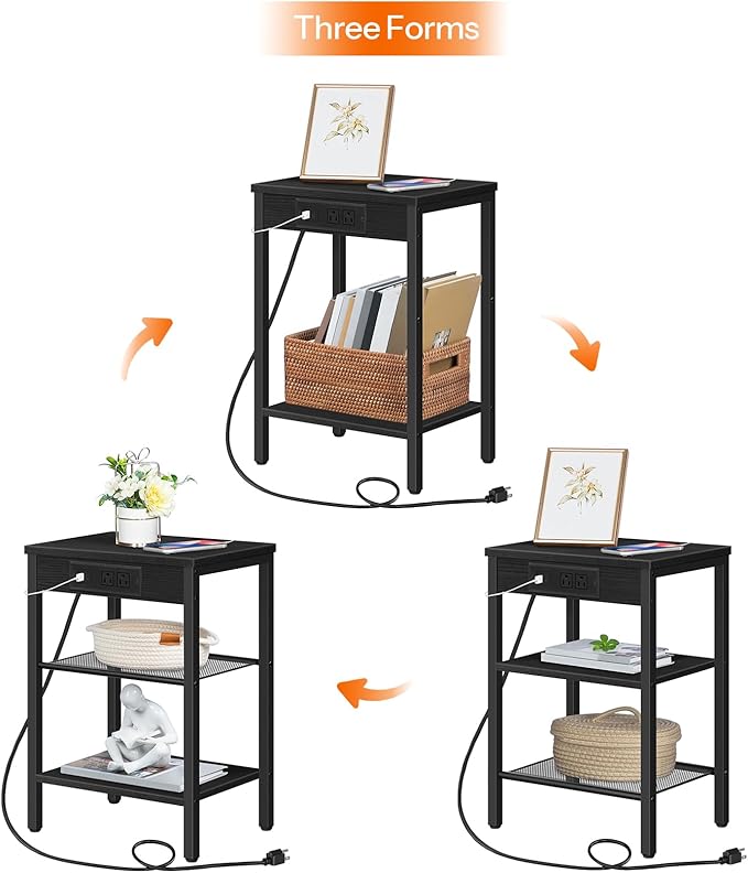 HOOBRO End Table with Charging Station and USB Port, 3-Tier Nightstand with Adjustable Shelf, Small Side Table for Small Space in Living Room, Bedroom and Balcony, Black BB112BZ01