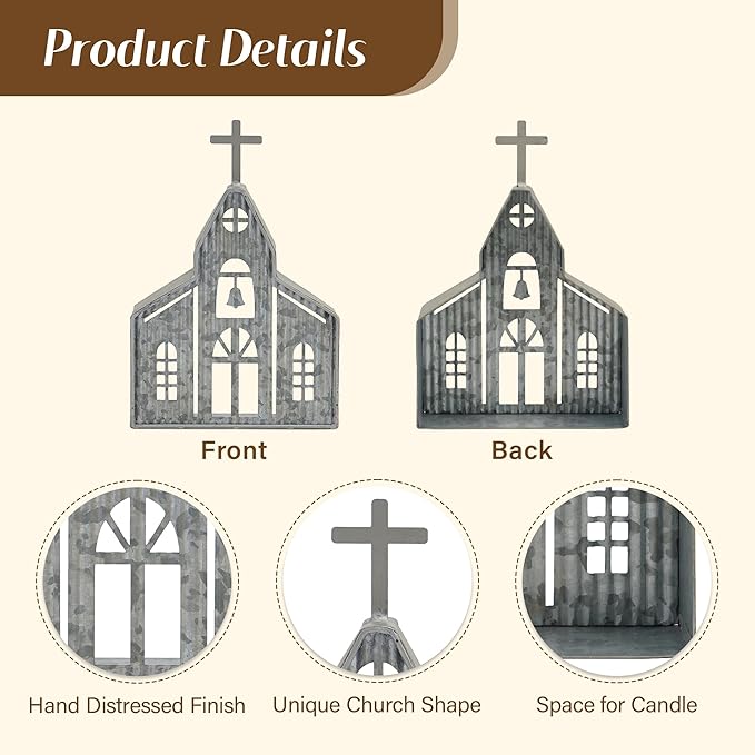 Church Shaped Tea Light Candle Holder Farmhouse Galvanized Metal Candle Holder Vintage Decorative Tealight Holder for Table Centerpiece Decoration - 6.22" x 1.97" x 9.25"