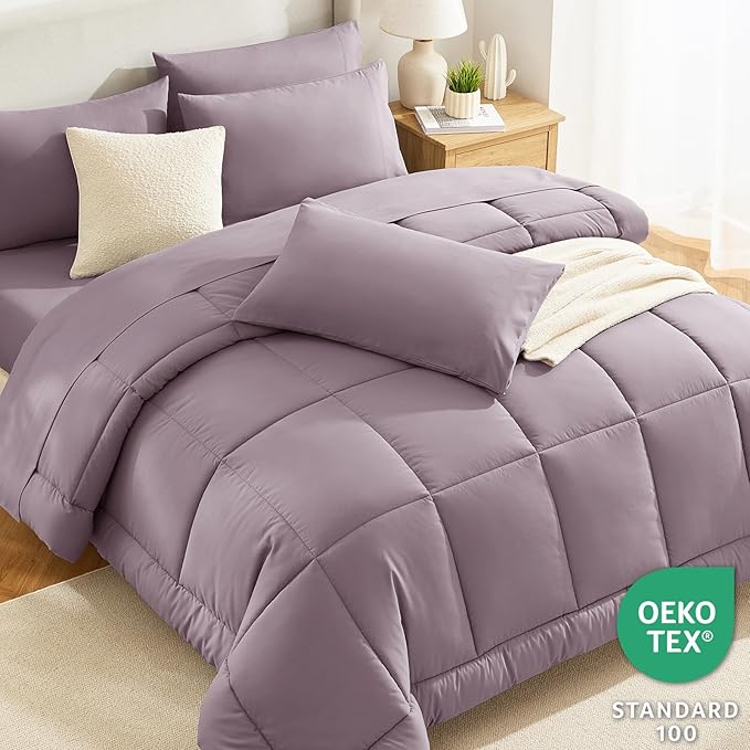 CozyLux Full Size Comforter Set Dusty Purple - 7 Pieces Bed in a Bag Dusty Purple Comforter Full Size, Bedding Set with All Season Quilted Comforter, Flat Sheet, Fitted Sheet, Pillowcases