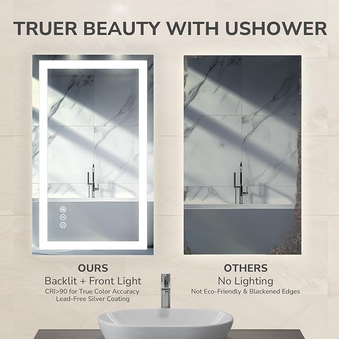 USHOWER LED Bathroom Mirror 60x36 Inch with Lights - Frameless Tempered Glass LED Backlit Lighted Mirror for Bathroom Vanity with Anti-Fog, 3 Colors Dimmable, Memory Function, Wall-Mounted