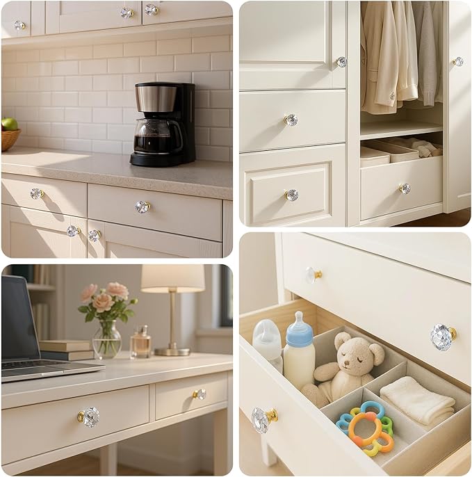 DEELF 26 Packs Kitchen Cabinet Knobs, 30 mm Crystal Cabinet Knobs Diamond Dresser Handle Drawer Pulls, Dresser Knobs for Cabinets and Drawers, Gold Base