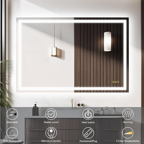 24x36Inch LED Mirror for Bathroom Anti-Fog 3 Colors Dimmable Lighted Mirror Wall Mounted Bathroom Mirror with Lights Horizontal/Vertical Smart Bathroom Mirror