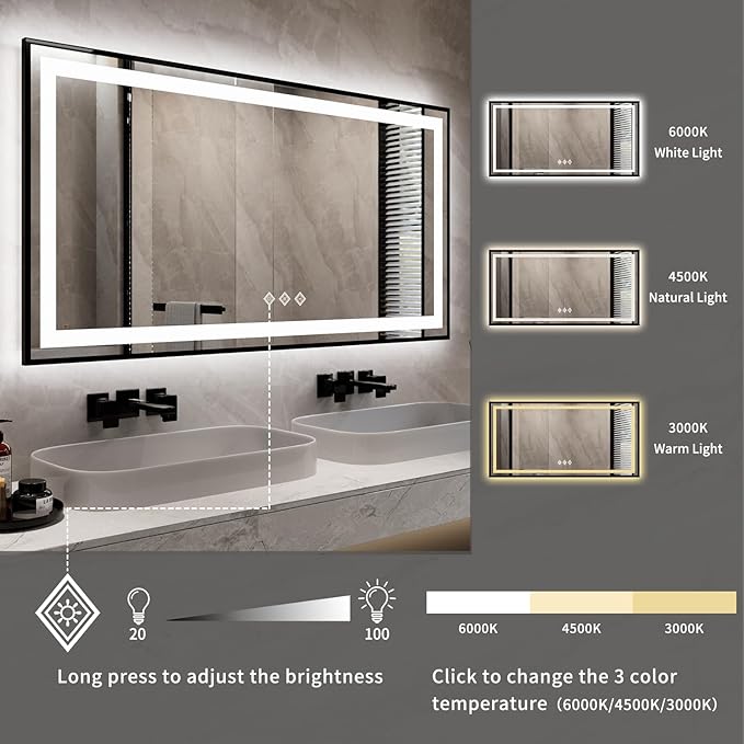 Bathroom Mirrors with Lights, 55x28 Inch Black Framed Gradient Front and Backlit LED Vanity Mirror, 3 Colors Dimmable CRI>90, IP54 Enhanced Anti-Fog Smart Mirror