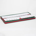 Household Essentials Ornament Storage Box, 36 Piece with Dividers, Sturdy and Stackable with Handles and Clear Plastic Window, Red Polyester Linen with Green Trim