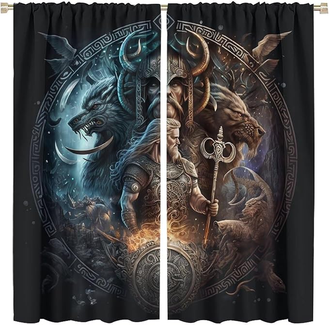 Cool Norse Viking Theme Blackout Curtains for Living Room,Fantasy Ancient Symbols Wildlife Wolf Nordic Vikings Rod Pocket Thermal Insulated Room Darkening Curtains 2 Panels 45L x 21W