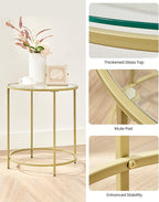 VASAGLE Round Side Tables, Set of 2, Glass End Tables with Metal Frame, Gold Coffee Tables with Modern Style, for Living Room, Balcony, Bedroom, Gold Color