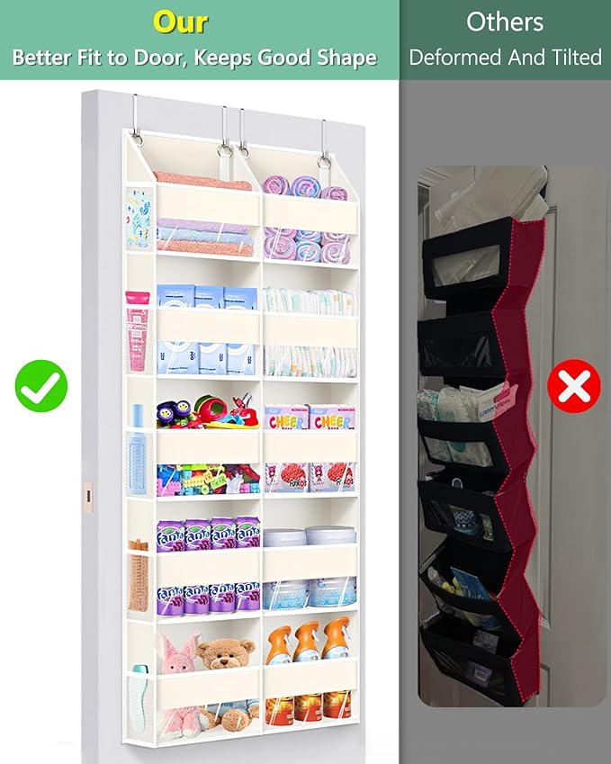 Heavy Duty Over The Door Organizer 5 Tiers, Extra Large Behind Door Storage of 10 Big Front & 10 Mesh Pockets, 80lb Weight Capacity, Hanging Doors Storage Organizer for Closet Bedroom Nursery, Beige