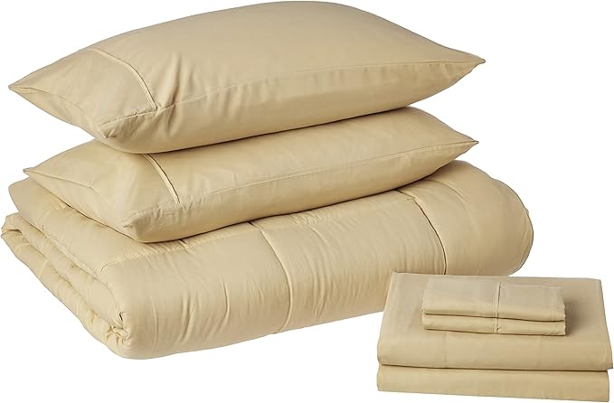 Sweet Home Collection 7 Piece Comforter Set Bag Solid Color All Season Soft Down Alternative Blanket & Luxurious Microfiber Bed Sheets, Camel, Queen