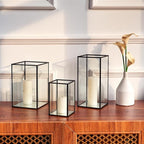 PHOSPHOR Glass Hurricane Candle Holder Set of 3 PCS Large Glass Square Candle Holder Black Lanterns Decorative for Pillar Candle Indoor Candle