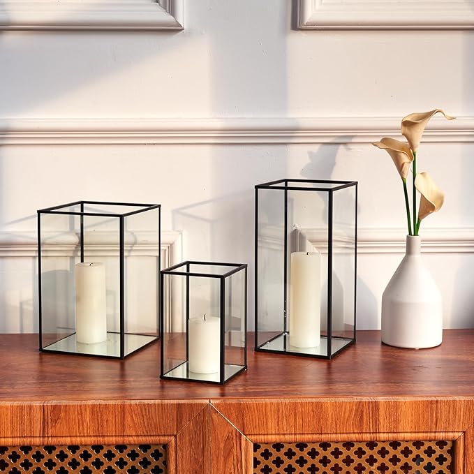 PHOSPHOR Glass Hurricane Candle Holder Set of 3 PCS Large Glass Square Candle Holder Black Lanterns Decorative for Pillar Candle Indoor Candle