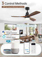 Sofucor 52 Inch Smart Ceiling Fans with Lights and Alexa/Google Assistant/APP/Remote Control-Modern Solid Wood Outdoor Walnut 3 Blades Ceiling Fan for Bedroom Living Room Farmhouse Patio, Brown Black