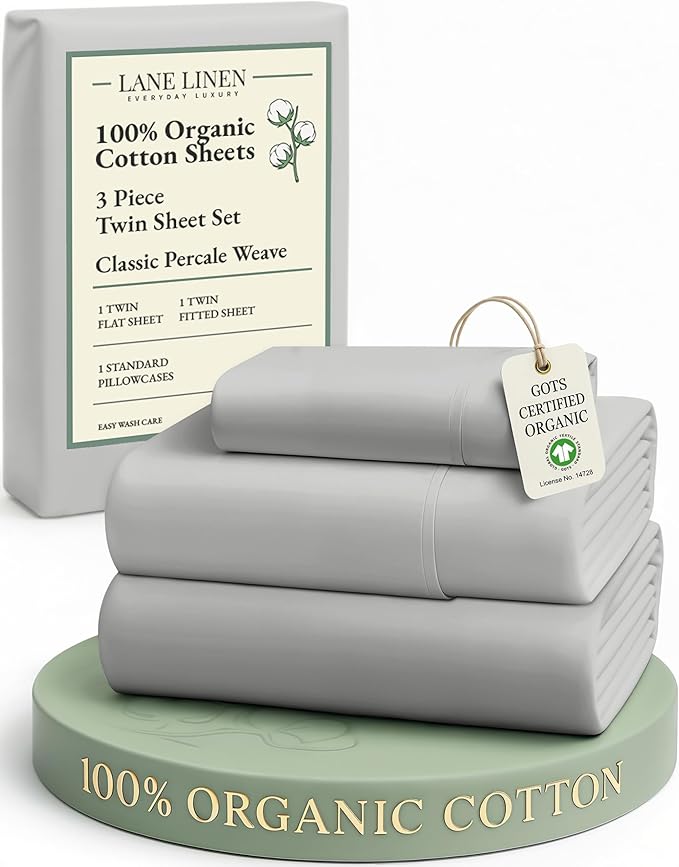 LANE LINEN 100% Organic Cotton Sheets Twin Size, Soft & Comfy Mercerized Fully Elasticized Naturally Temperature Regulating Sustainably Produced Luxury Hotel Quality Cotton Twin Sheet Set- Silver