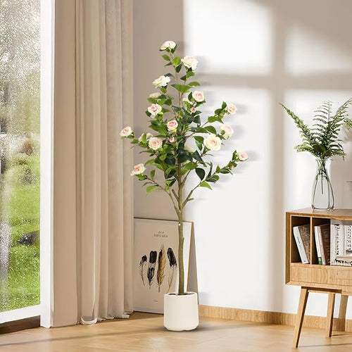 5FT Artificial Camellia Tree with White Planter & Pebbles,Faux Flower Tree with Lifelike Leaves and Realistic Trunk,Tall Fake Potted Plant for Home Decor Indoor Outdoor. (White, 5FT)