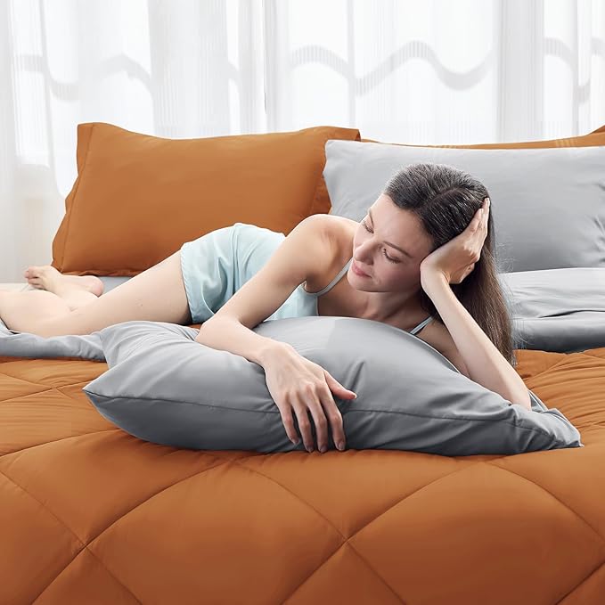 HEVUMYI Queen Comforter Set - 7-Piece All Season Bed in a Bag Queen, Ultra Soft Bedding Set with Comforter, Flat Sheet, Fitted Sheet, Pillowcases, Pillow Shams, Orange & Light Grey