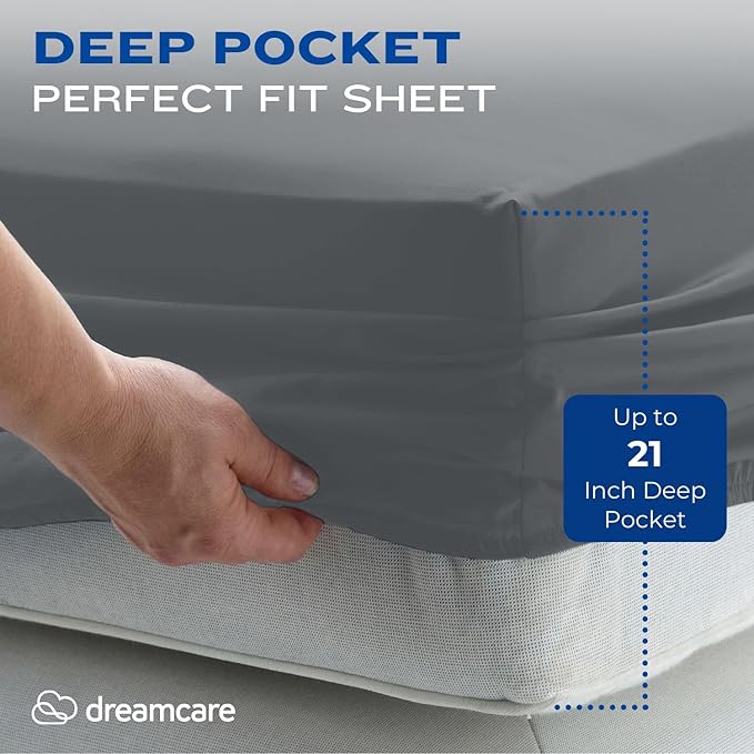 DREAMCARE Queen Sheet Set – 4 pcs Cooling Sheets – up to 21” Extra Deep Pocket Queen Sheets – Hotel Luxury Sheets & Pillowcases – Superior Softness 100% Fine Microfiber with Side Pocket – Dark Gray