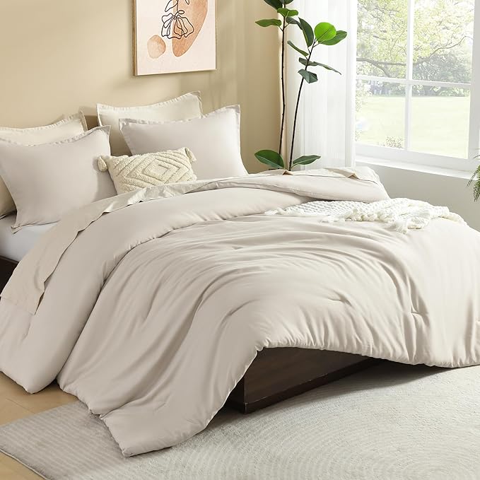 Litanika Comforters Tannish Grey King Size, 3 Pieces Lightweight Solid Bedding Set & Collections, All Season Fluffy Bed Set (104x90In Comforter & 2 Pillowcases)