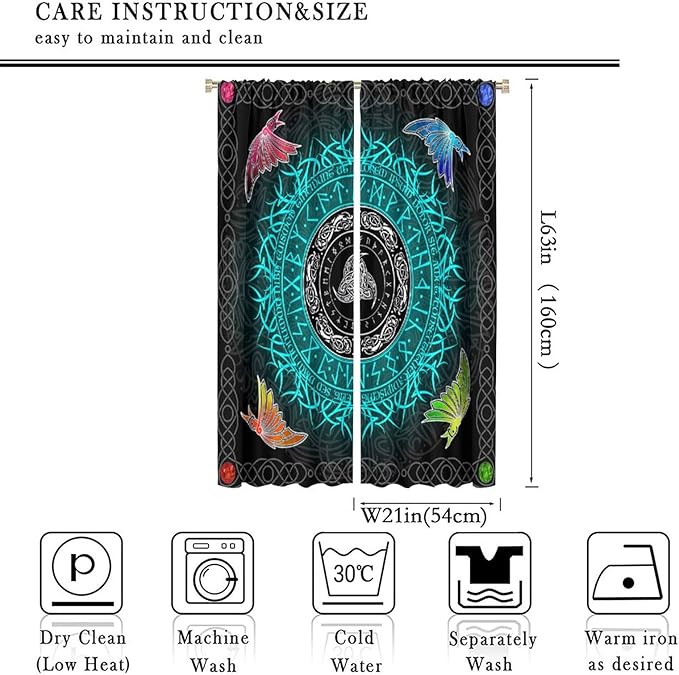 Viking Curtains Ancient Nordic Magic Rune Curtains Nordic Mythology Viking Bird Pattern Printed Curtains Bedroom Living Room Decoration Blackout Curtains W42 * L63 Inch