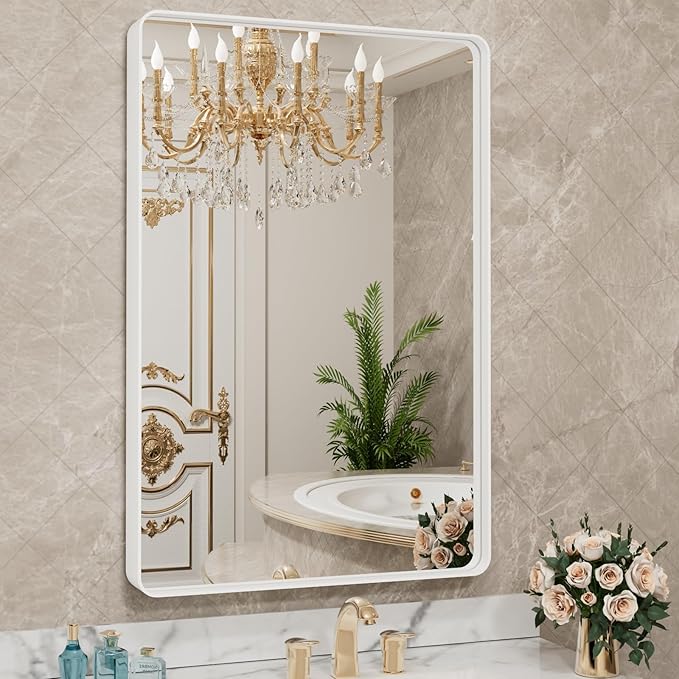 LOAAO 30x36 Inch White Metal Framed Bathroom Mirror for Wall, White Bathroom Vanity Mirror Farmhouse, Large Rounded Rectangle Mirror, Anti-Rust, Tempered Glass, Hangs Horizontally or Vertically