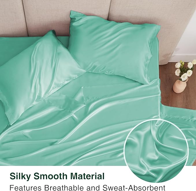 Love's cabin Twin Satin Sheets Sets - 3 Piece Aqua Silky ed Sheets with Deep Pockets, Luxury Silk Feel Satin Twin Size Sheet Set Bedding Set (1 Flat Sheet,1 Fitted Sheet,1 Pillow case)