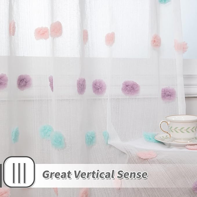 MYSKY HOME Pom Pom Sheer Curtains for Bedroom 72 Inch Length Long Rainbow Curtains for Dining Room Window Nursery Curtains Girls Kids Room 2 Pieces Rod Pocket Boho Farmhouse 52" x 72"