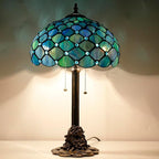 Tiffany Stained Glass Table Lamp 12X12X21Inch Resin Base Desk Bedroom Living Room Reading Light (Sea Blue Pearl)