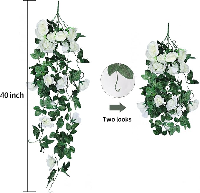 RECUTMS Artificial Rose Vine Plants Hanging 4Pieces 3.3Ft,Fake Light up Vines with 30 LED Lights Decor for Home, Office,Room, Door, Garden,Porch, Wedding Decoration (White)