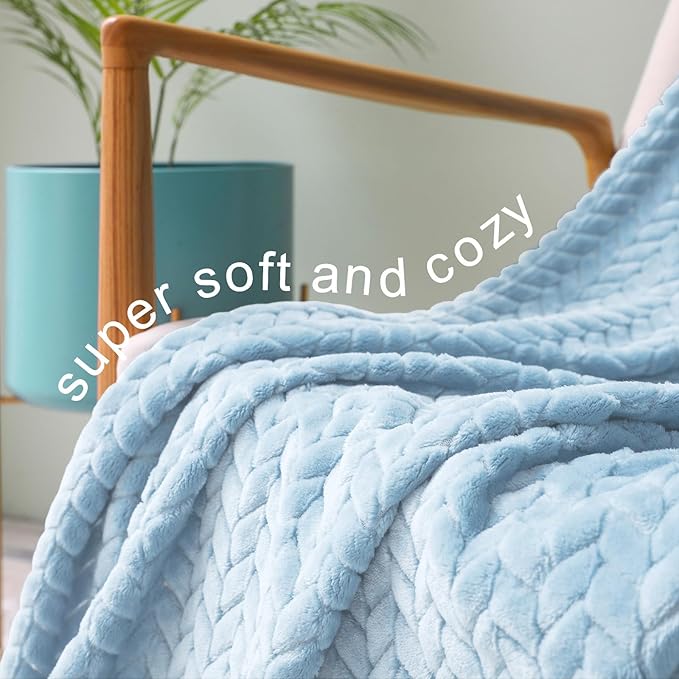 Exclusivo Mezcla Light Blue Fleece King Size Blanket for Bed, 90x104 Inches Soft Cozy 3D Decorative Jacquard Flannel Blankets, Lightweight Fuzzy Plush Warm Blankets for All Seasons