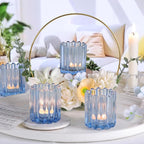 Glass Blue Votive Candle Holder, Ribbed Votive Candle Holders Set of 12, Tealight Candle Holder for Wedding Centerpieces Dinner Party Table Decor