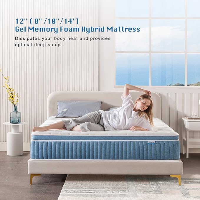 Rimensy King Mattress, 12 Inch Hybrid Mattress in a Box, Gel Memory Foam Mattress, Individually Wrapped Pocket Coils Innerspring Mattress, Support & Pressure Relief, Medium Firm Feel, 76"*80"*12