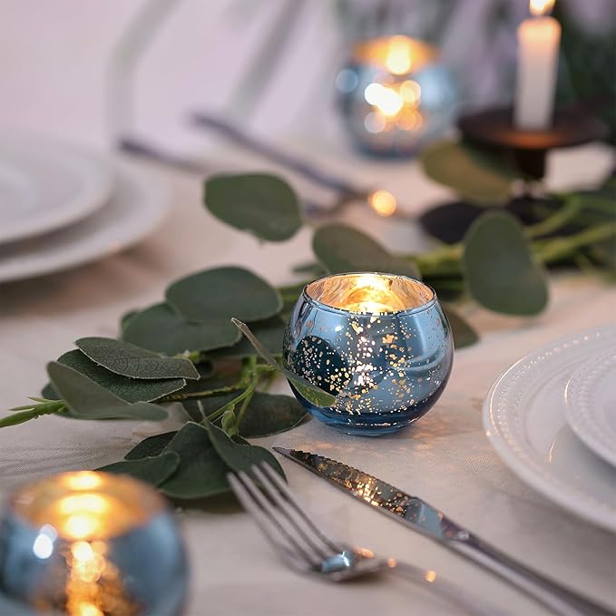 LAMORGIFT 36 Pcs Blue Votive Candle Holders - Mercury Glass Tealight Holders for Dusty Blue Wedding Decor, Centerpiece Table Decorations