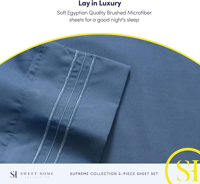Queen Size Bed Sheets - Breathable Luxury Sheets with Full Elastic & Secure Corner Straps Built In - 1800 Supreme Collection Extra Soft Deep Pocket Bedding Set, Sheet Set, Queen, Denim