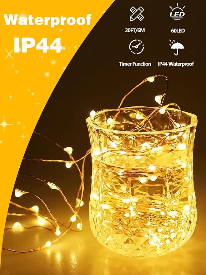 2 Pack 60 LED Christmas Fairy Lights Battery Operated with Timer, 20FT Waterproof Twinkle Lights Indoor Outdoor, String Lights for Bedroom, Wedding, DIY, Centerpiece, Christmas Decorations(Warm White)