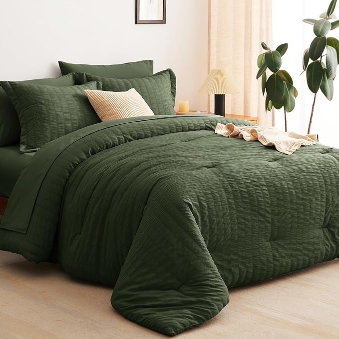 CozyLux King Size Comforter Set Olive Green Seersucker 7 Pieces Bed in a Bag King Comforter Set with Sheets, Luxury Bedding Set with Down Alternative Comforter, Sheets, Pillowcases & Shams All Seasons
