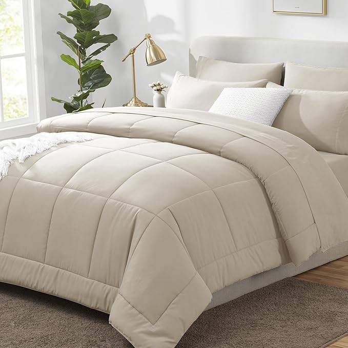 CozyLux Full Size Comforter Sets Oatmeal, 7 Pieces Bed in a Bag, Oatmeal Comforter Full Size, All Season Bedding Sets with Stitch Quilted Comforter, Flat Sheet, Fitted Sheet, Pillowcases