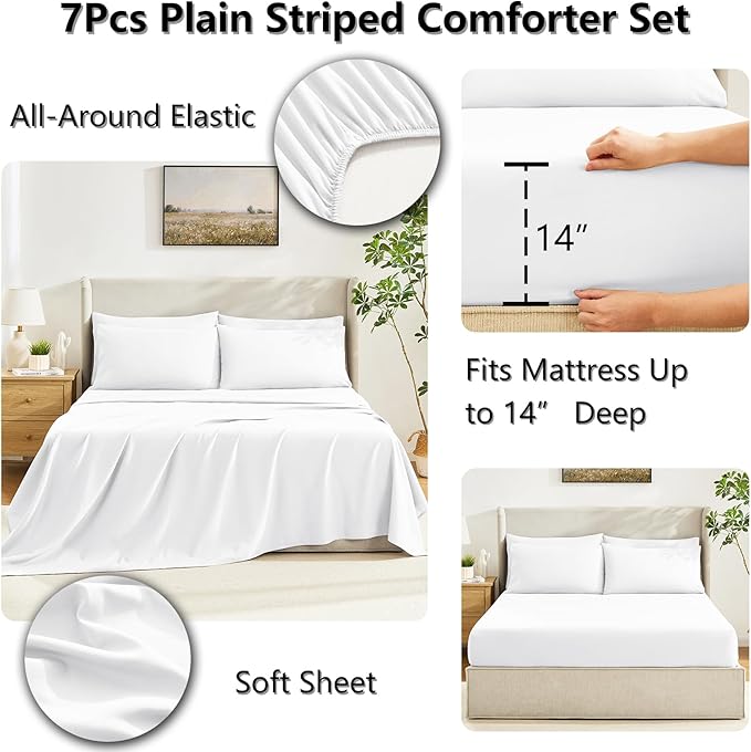 CozyLux King Size Comforter Set White, 7 Pieces Bed in a Bag, White Comforter King Size, All Season Bedding Sets with Stitch Quilted Comforter, Flat Sheet, Fitted Sheet, Pillowcases