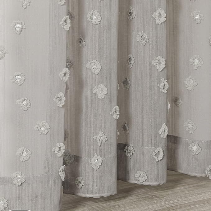 MYSKY HOME Pom Pom Grey Sheer Curtains for Bedroom Girls Room Curtains 63 inch Length for Nursery Kids Light Filtering Boho Window Drapes, Rod Pocket, 38" Wide, 2 Panels