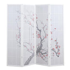 Roundhill Furniture White Japanese 4-Panel Screen Room Divider, Plum Blossom