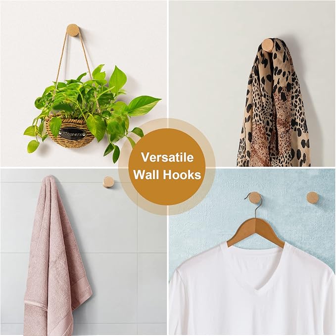 Wood Wall Hooks 6 Pack, Natural Wooden Coat Hooks Wall Mounted, Handmade Rustic Hat Hooks Heavy Duty Entryway Wall Hangers for Hanging Towels, Clothes, Bags (Beech Wood)