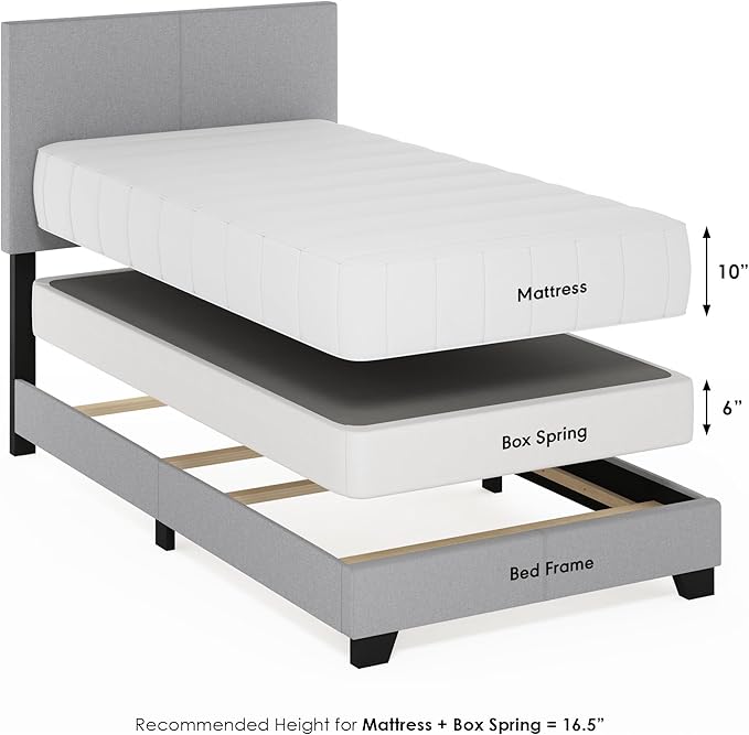 Furinno Pessac Fabric Upholstered Bed Frame with Wooden Slat Support, Twin, Glacier