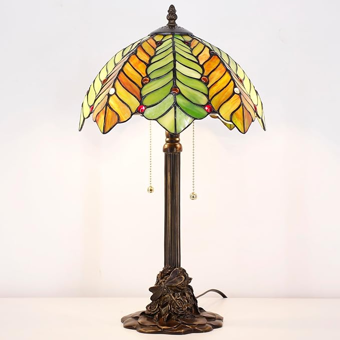 Tiffany Stained Glass Table Lamp 12X12X21Inch Resin Base Desk Bedroom Living Room Reading Light (Brown Green Leaf)