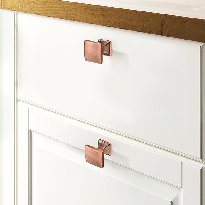 Khtumeware 10 Pack 1 inch Brushed Antique Copper Cabinet Knobs Square Drawer Handles for Kitchen and Dresser Drawers