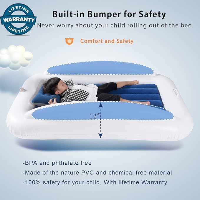 Toddler Travel Bed, Portable Inflatable Toddler Bed | Kids Air Mattress | Kids Travel Bed Blow Up Mattress with Sides, Idea for Road Trip Camping Sleepovers